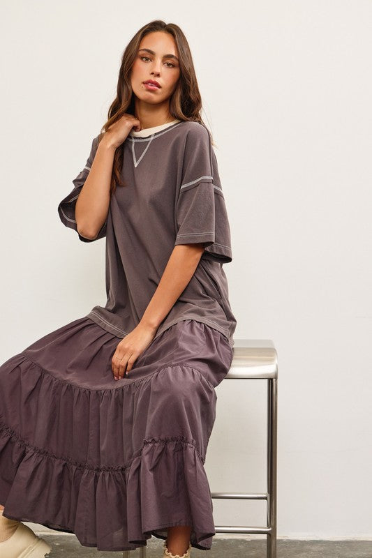 hue day to evening☆VOLUME SLEEB DRESS Dasha Detail Long Dress - Redwood