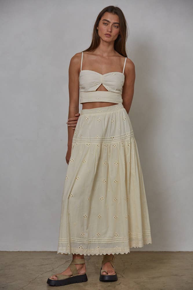 ★LAMINEZ★ Lake Pintuck Midi Skirt Ivory Womens White Ditsy Dobby Tiered Maxi Skirt | Peacocks